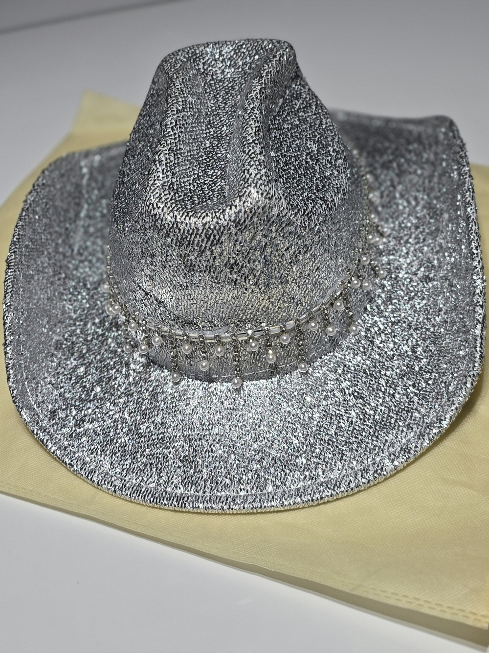 Silver Sequin Cowboy Hat with Pearl Trim - Women Accessories